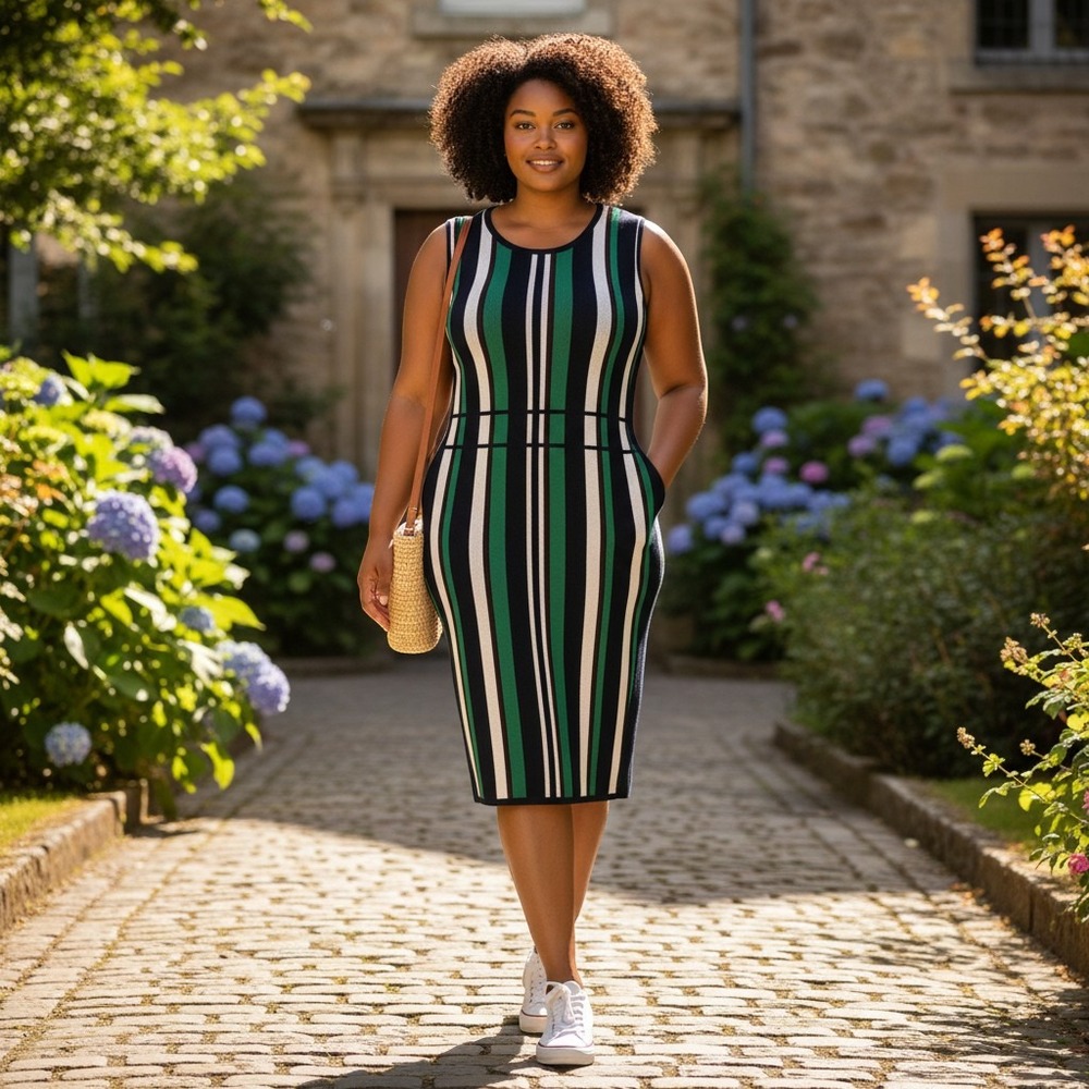New York‎ & Company Green and Navy Striped Midi Dress